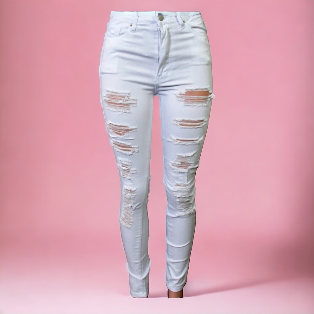 WOMEN’S DESTROYED SKINNY JEANS-WHITE